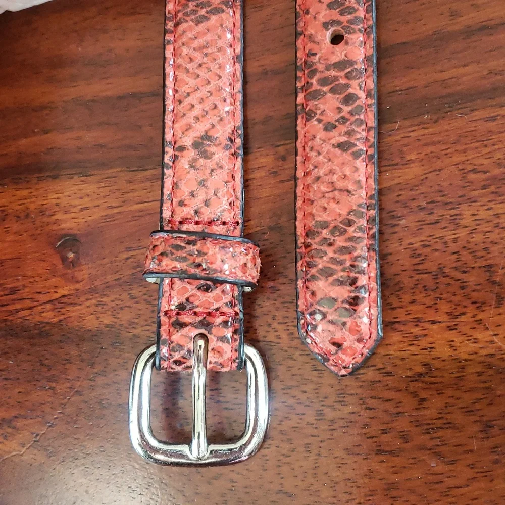 Vintage The Limited Red Black Snake Print Leather Skinny Belt • SMALL